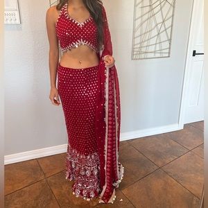Red & Silver halter top Indian/choli and mermaid skirt outfit.
